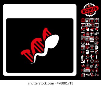 Sperm DNA Replication Calendar Page icon with bonus calendar and time management pictograms. Vector illustration style is flat iconic symbols, red and white, black background.