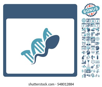 Sperm DNA Replication Calendar Page icon with bonus calendar and time management symbols. Vector illustration style is flat iconic symbols, cyan and blue, white background.
