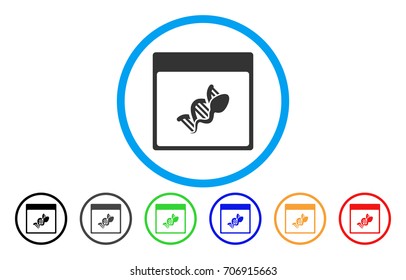 Sperm DNA Replication Calendar Page vector rounded icon. Image style is a flat gray icon symbol inside a blue circle. Bonus color variants are gray, black, blue, green, red, orange.