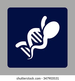 Sperm DNA vector icon. Style is flat rounded square button, white and dark blue colors, silver background.