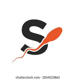 Sperm, Egg Cell Logo On Letter S Template. Sperm Bank Medical Logo. Sperm Logo Vector Icon