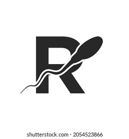 Sperm, Egg Cell Logo On Letter R Template. Sperm Bank Medical Logo. Sperm Logo Vector Icon
