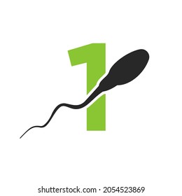 Sperma, Eierzelllogo auf Buchstabe 1 Vorlage. Sperm Bank Medical Logo. Vektorsymbol des Spermien-Logos