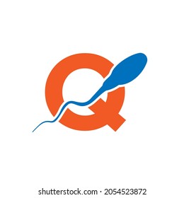 Sperm, Egg Cell Logo On Letter Q Template. Sperm Bank Medical Logo. Sperm Logo Vector Icon
