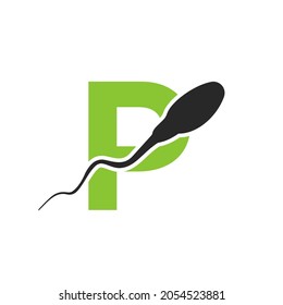 Sperm, Egg Cell Logo On Letter P Template. Sperm Bank Medical Logo. Sperm Logo Vector Icon