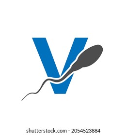Sperm, Egg Cell Logo On Letter V Template. Sperm Bank Medical Logo. Sperm Logo Vector Icon