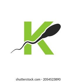 Sperm, Egg Cell Logo On Letter K Template. Sperm Bank Medical Logo. Sperm Logo Vector Icon