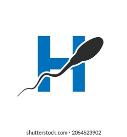 Sperm, Egg Cell Logo On Letter H Template. Sperm Bank Medical Logo. Sperm Logo Vector Icon