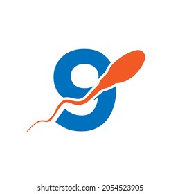 Sperm, Egg Cell Logo On Letter 9 Template. Sperm Bank Medical Logo. Sperm Logo Vector Icon