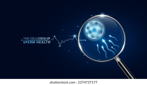 Spermienzelle in Lupe mit Scan-Suche und blauer neonischer Herzimpuls. Gesundheitsfürsorge und ärztliche Betreuung zu innovativer digitaler Technologie. Körpergesundheit Kontrollorgan Untersuchungsorgan. Vektorgrafik