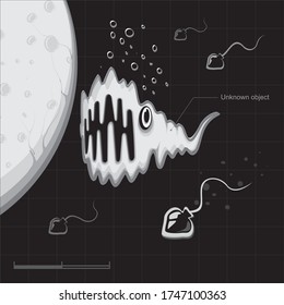 Esperma y óvulo con objeto biológico temible desconocido detectado, ilustración abstracta. Vector
