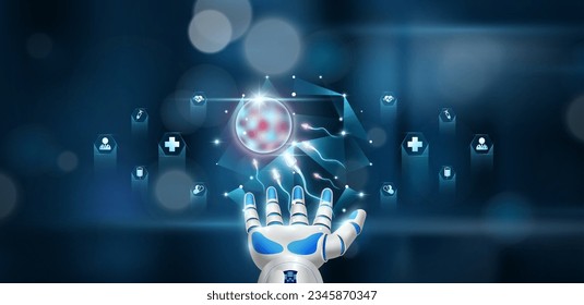 Sperm egg cells inside cube float in doctor robot hand. Health care system innovative technology medical futuristic AI artificial intelligence cybernetic robotics. Bokeh light background. Vector.