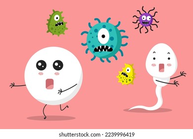 El esperma y el huevo huyen del personaje de las caricaturas de virus y bacterias. Virus y bacterias de aviod para ser un concepto sano de esperma y huevo. ilustración vectorial.