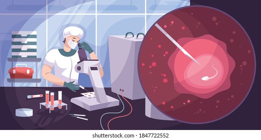 Sperm egg in vitro flat composition with laboratory scenery microscope tubes and doctor performing artificial insemination vector illustration