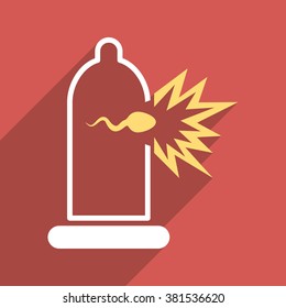 Sperm Escape From Condom long shadow vector icon. Style is a flat light symbol on a red square background.