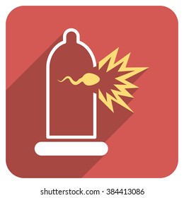 Sperm Escape Condom long shadow vector icon. Style is a flat symbol on a red rounded square button.