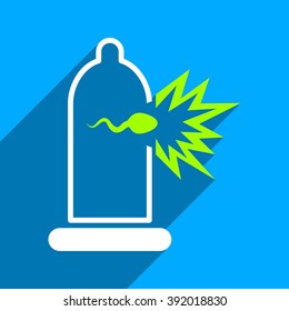 Sperm Escape from Condom long shadow vector icon. Style is a flat sperm escape from condom iconic symbol on a blue square background.