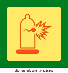 Sperm Escape vector icon. Style is flat rounded square button, orange and yellow colors, green background.