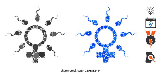 Sperm fertilization composition of small circles in different sizes and color tinges, based on sperm fertilization icon. Vector small circles are combined into blue illustration.
