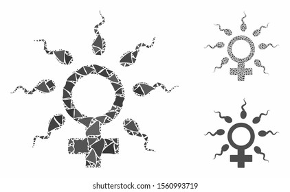 Sperm fertilization mosaic of humpy pieces in variable sizes and shades, based on sperm fertilization icon. Vector humpy pieces are organized into collage.