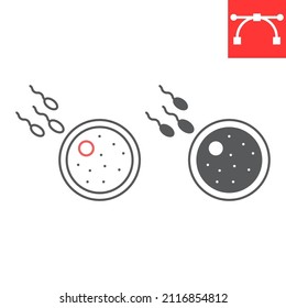 Icono de glifo y fertilización de esperma, fertilidad y reproducción, icono del vector de óvulos de fertilización, gráficos vectoriales, signo de contorno de trazo editable, eps 10.