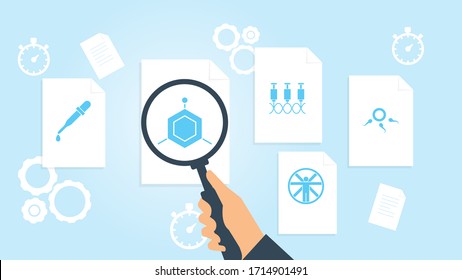 Sperm file, document research vector illustration. Document with search icons. File and magnifying glass. Analytics research sign. Vector Illustration