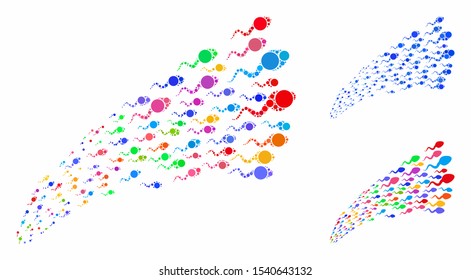 Sperm fountain composition of small circles in variable sizes and color tones, based on sperm fountain icon. Vector small circles are grouped into blue composition.