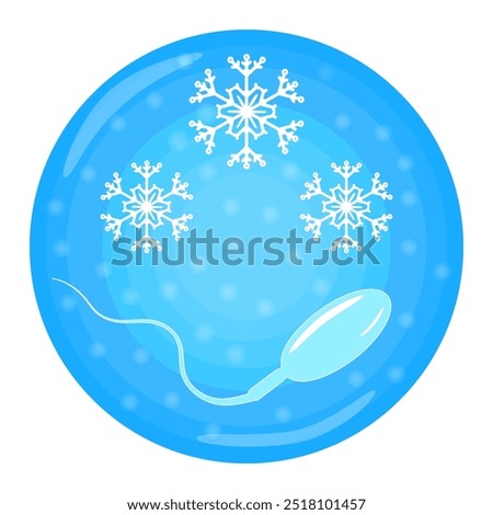 Sperm freezing sign on white background. Sperm bank or freezing. Male semen is preserved and stored.Blue icy circle with sperm and snowflake.Keep fertility and ability to reproduce.Vector illustration