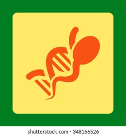 Sperm Genome vector icon. Style is flat rounded square button, orange and yellow colors, green background.