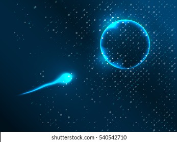 Sperm heading for the egg. Concept illustration of glowing semen swimming towards the ovum