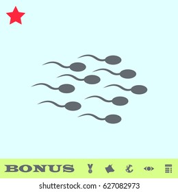 Sperm icon flat. Grey pictogram on blue background. Vector illustration symbol and bonus buttons medal, cow, earth, eye, calculator