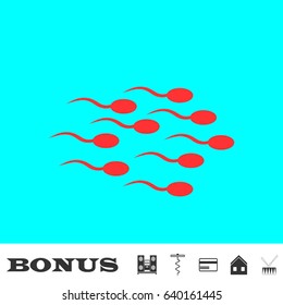Sperm icon flat. Red pictogram on blue background. Vector illustration symbol and bonus buttons Music center, corkscrew, credit card, house, drum