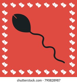 Sperm icon flat. Simple black pictogram on red background with white hearts for valentines day. Vector illustration symbol