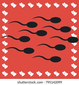 Sperm icon flat. Simple black pictogram on red background with white hearts for valentines day. Vector illustration symbol