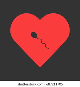 Sperm icon flat. Simple pictogram on heart background. Vector illustration symbol