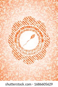 icono de esperma dentro del emblema abstracto de mosaico naranja con fondo