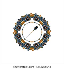 sperm icon inside arabic style emblem. Arabesque decoration.