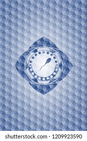 sperm icon inside blue emblem or badge with abstract geometric polygonal pattern background.