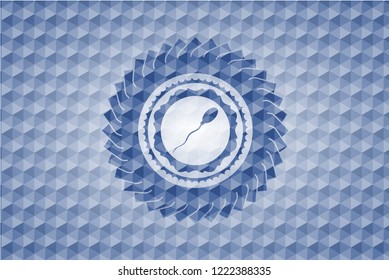 sperm icon inside blue emblem with geometric pattern background.