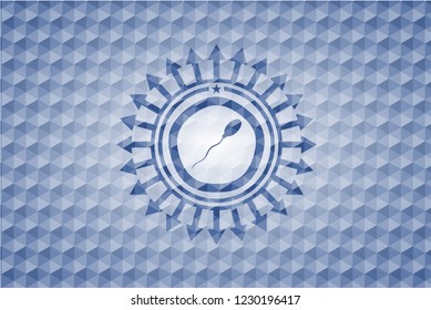 sperm icon inside blue emblem or badge with geometric pattern background.