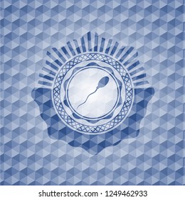 sperm icon inside blue emblem or badge with abstract geometric polygonal pattern background.