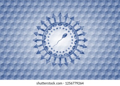sperm icon inside blue emblem or badge with abstract geometric polygonal pattern background.