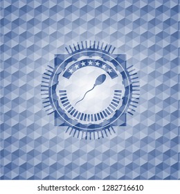 sperm icon inside blue emblem with geometric pattern.