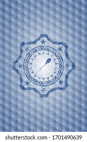 sperm icon inside blue emblem or badge with abstract geometric polygonal pattern background.
