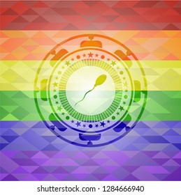 sperm icon inside emblem on mosaic background with the colors of the LGBT flag