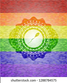 sperm icon inside emblem on mosaic background with the colors of the LGBT flag