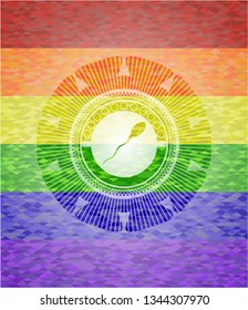 sperm icon inside emblem on mosaic background with the colors of the LGBT flag