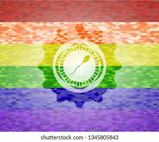 sperm icon inside emblem on mosaic background with the colors of the LGBT flag