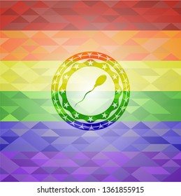 sperm icon inside emblem on mosaic background with the colors of the LGBT flag