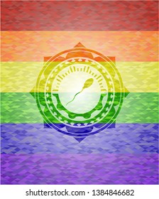 sperm icon inside emblem on mosaic background with the colors of the LGBT flag